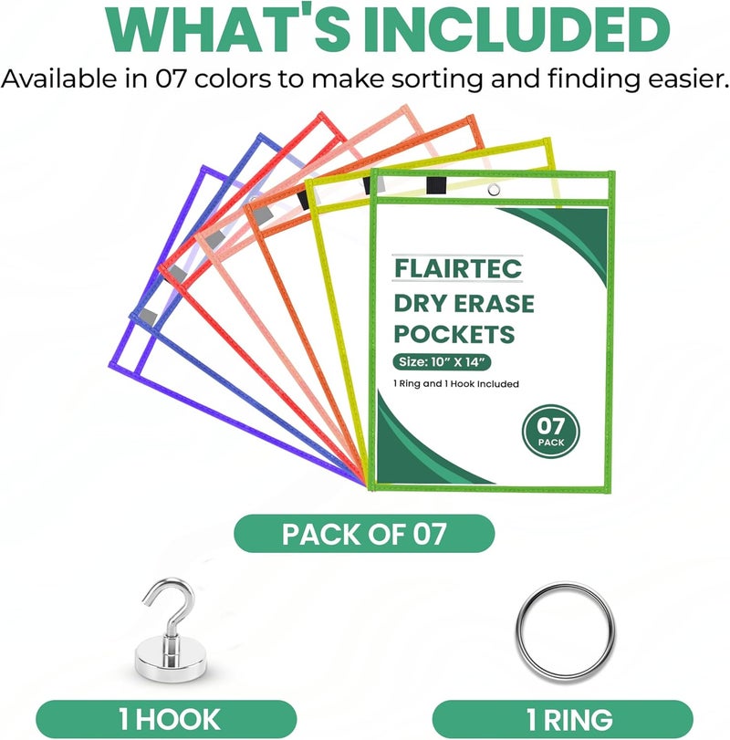 FLAIRTEC 7-Pack Dry Erase Pockets – 10x14 Heavy Duty Sleeves with Cloth Binding – Fits 8.5x11 or 9x12 Worksheets – Includes 1 Ring and 1 Hook – Classroom and Office Use - Image 3